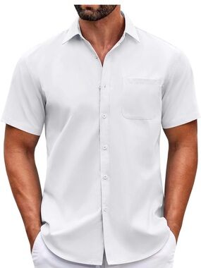 Men's Short Sleeve White Button-Down Shirt Beach Summer light weight Short Colar